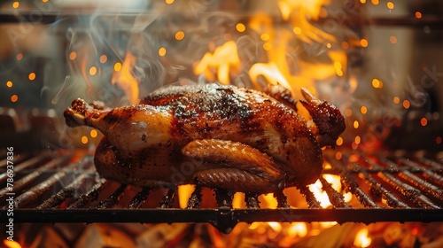 Cooking an entire tasty duck on a rotisserie machine up close.
