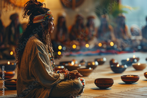 A photograph of a shaman conducting a sound healing workshop, using traditional drums and modern cry