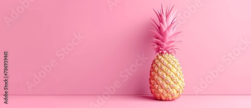 This is a 3D rendering of a pineapple cut on a pastel pink background. It has a minimalist summer concept.