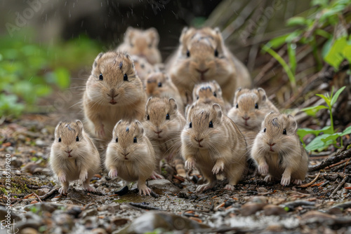 A photograph of young lemmings following an adult, mimicking its actions as they learn the crucial s