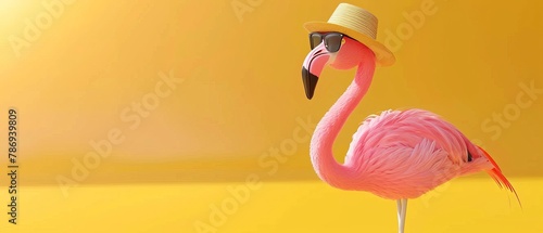 Summer minimal concept with a flamingo on yellow background. 3D rendering.