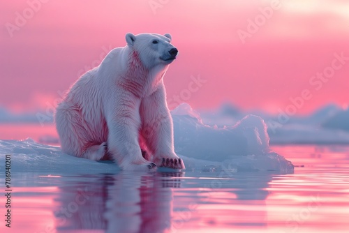 Polar bear, a terrestrial carnivore organism, sitting on ice in liquid water