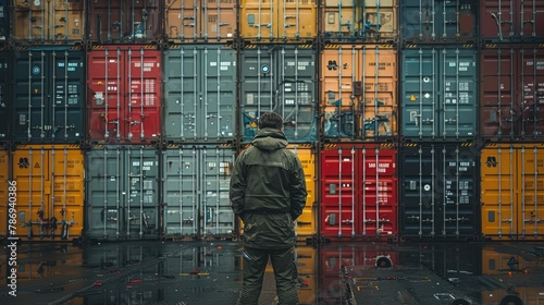 an employee man in vest and hard hat stands in a seaport between rows of containers