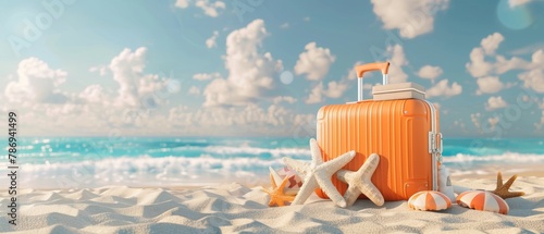 Summer travel concept. Orange suitcase with beach accessories on sand, sea, and sky background. 3D rendering.