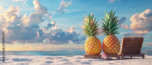 Coastal beach, hipster pineapples on chair, with sky background in 3D.