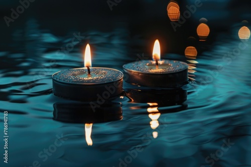Two lit candles floating on top of a body of water. Perfect for relaxation or meditation concepts