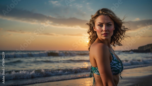 Junge Frau im gemusterten Bikini blickt über die Schulter beim Strandspaziergang im SonnenunterganG