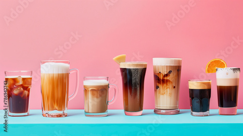 A row of coffee cups with different flavors and colors on a pastel background