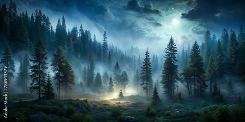 Night at the foggy forest scene