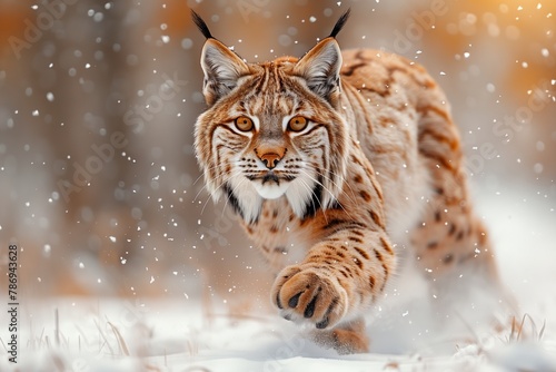 Felidae carnivore running in snow with whiskers and snout, freezing