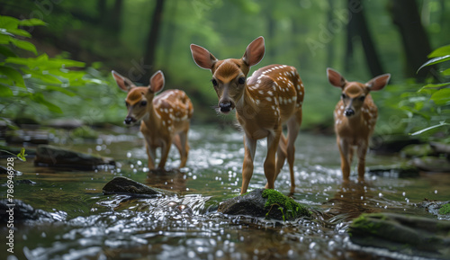 Three fawns standing in a stream amidst a natural landscape