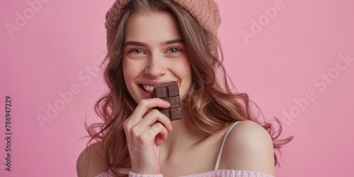 A woman holding a piece of chocolate. Suitable for food and dessert concepts