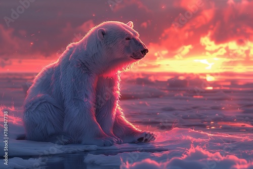 Polar bear, carnivore organism, sitting on ice, watching sunset