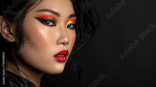 A portrait of a beautiful Asian girl with artistic and creative makeup, photographed in a studio against a black background.