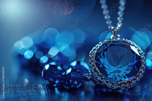 Detailed close-up of a necklace with blue crystals. Perfect for jewelry and fashion designs