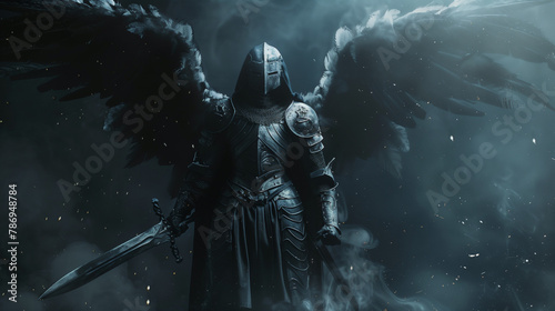 Fantasy angel warrior wearing iron armor holding sword on dark background