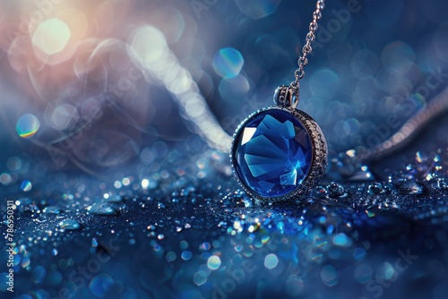 Close up of a necklace on a blue background, perfect for jewelry stores