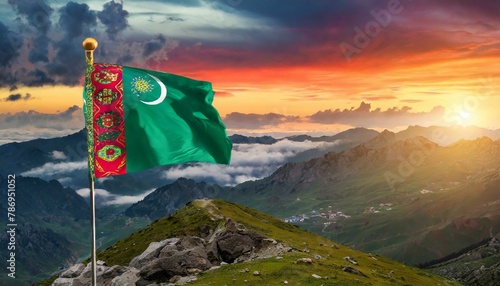 The Flag of Turkmenistan On The Mountain.