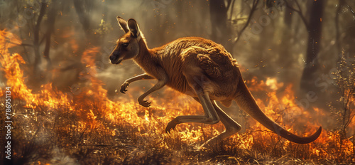 A carnivore is chasing a kangaroo through a fiery field
