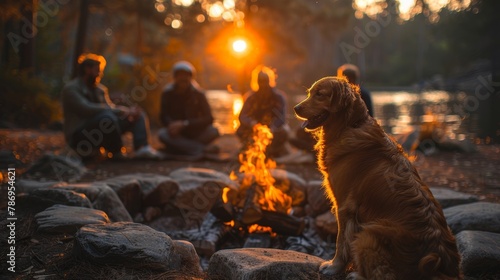 Group of friends and their golden retriever sit by a crackling fire, enjoying a tranquil sunset by a lake surrounded by autumn trees.