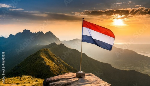 The Flag of Yemen On The Mountain.