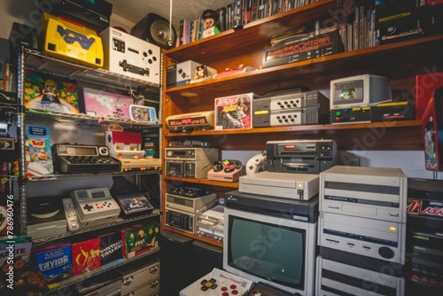 A retro gaming den with shelves lined with old cartridges, controllers, and gaming memorabilia, Generative AI