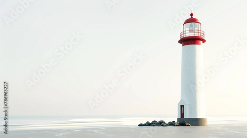 Envision the captivating charm of a lighthouse standing proudly on a serene beach against a pure white background. The HD camera captures this coastal scene, creating a realistic and visually striking