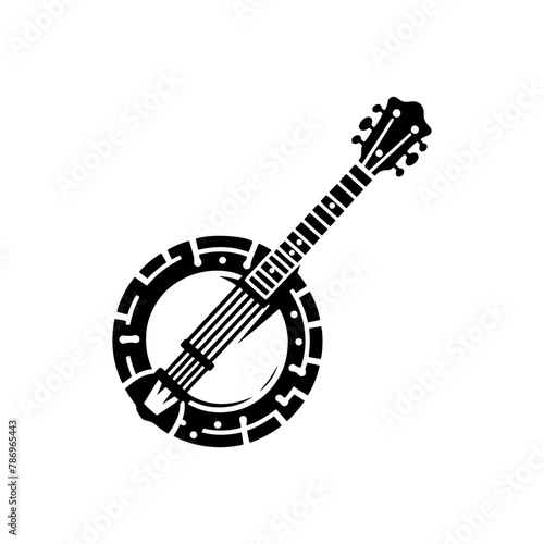 Rustic Rhythms: Black Vector Silhouette of a Banjo, Icon of Bluegrass and Folk Music- Banjo illustration- minimalist banjo vector silhouette.