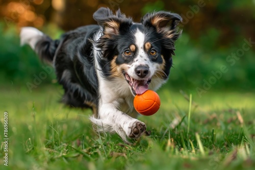 A sheep dog catching an orange ball