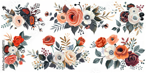 set di decorazioni floreali di fiori bianchi , arancio e borgogna su sfondo bianco, collezione di fiori romantici con rose, foglie, bouquet floreali, composizioni floreali set piatto, formato banner, 