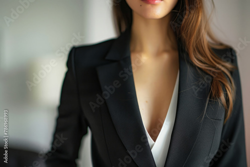 Confident businesswoman wearing business suit in office workspace. Successful female business person portrait