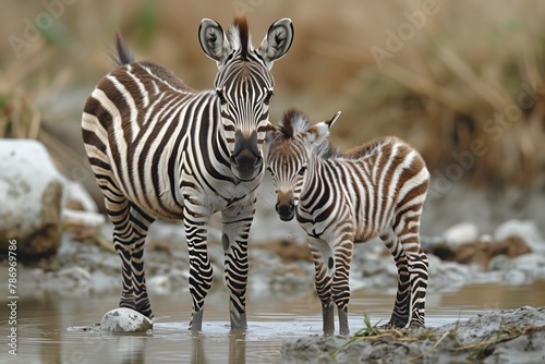Two zebras standing together in the water, a natural landscape scene