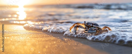 Playful antics with a wayward crab scuttling along the shoreline, professional photography and light , Summer Background