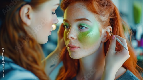 AI generated illustration of a red-haired woman receiving professional makeup application
