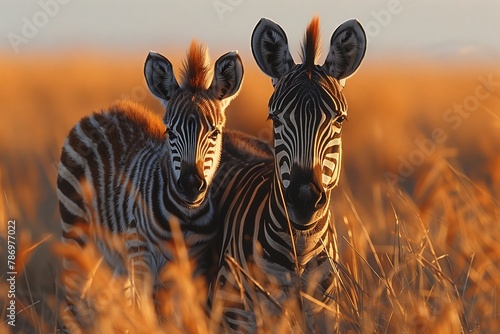 Two zebras in a grassy field, blending with the natural landscape