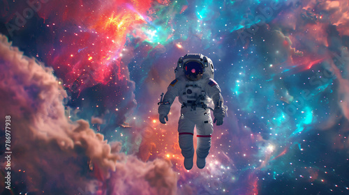Astronaut taking space walk colorful space nebula 