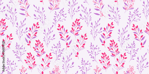 Abstract violet small branches leaves and tiny flowers buds seamless pattern on a light background. Simple creative purple floral stems print.Vector hand drawn sketch. Template for designs, fabric