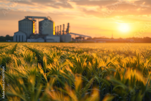 The sun dips low on the horizon, casting a golden hue over a field of grain with industrial silos standing tall in the background, capturing the essence of agricultural life