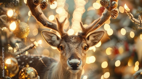 Close up of a deer standing in front of a beautifully decorated Christmas tree. Suitable for holiday concepts