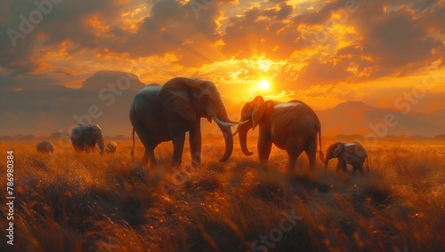 Elephants in grassland at dusk with fawn clouds in the sky