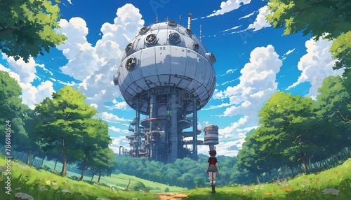  Eine Person steht vor einem futuristischen Gebäude in einer Anime-Welt im Anime-Stil. Die Szene ist geprägt von lebendigen Farben und einem markanten Design.