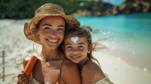 happy mother in straw hat hugging her child on tropical beach with white sand. Sunscreen protection with spf cream concept.