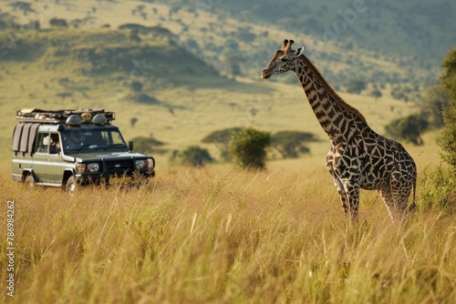 Giraffe Standing in Field Next to Vehicle. Generative AI