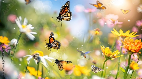 A close-up of bees and butterflies pollinating flowers