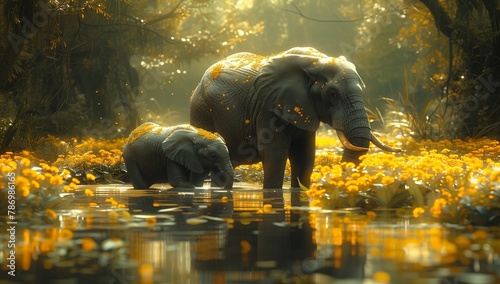 Mother and baby elephant in the ecoregion standing in water