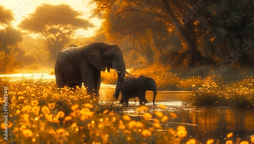 Mother and baby elephants crossing a river in natural landscape