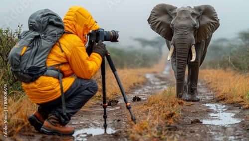 a person is taking a picture of an elephant in the rain