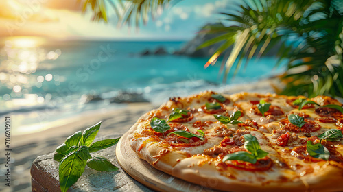 Pizza with mozzarella cheese, tomatoes and basil on a wooden board on the background of the sea