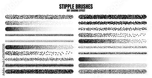 Stipple scatter brush, ink drawing and texturing. Fading gradient. Stippling, dotwork drawing, shading using dots. Halftone disintegration effect. White noise grainy texture. Vector illustration