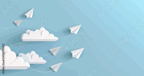 paper airplanes are flying in the sky with clouds